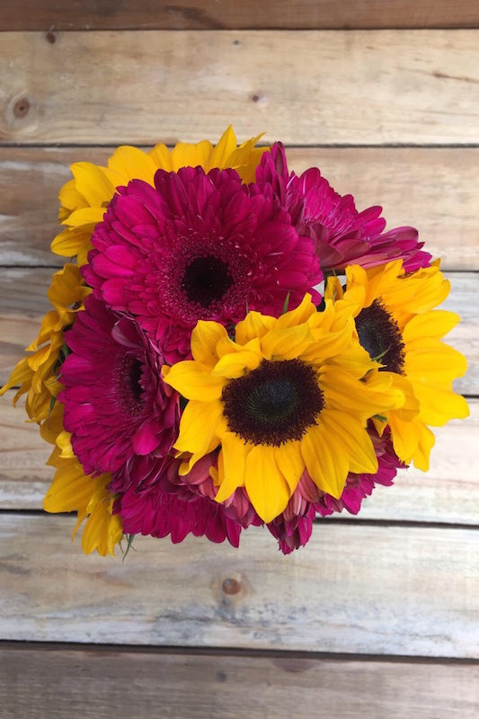 Sunflowers and Dark Pink Daisies Bouquet
