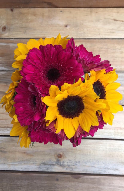 Sunflowers and Dark Pink Daisies Bouquet