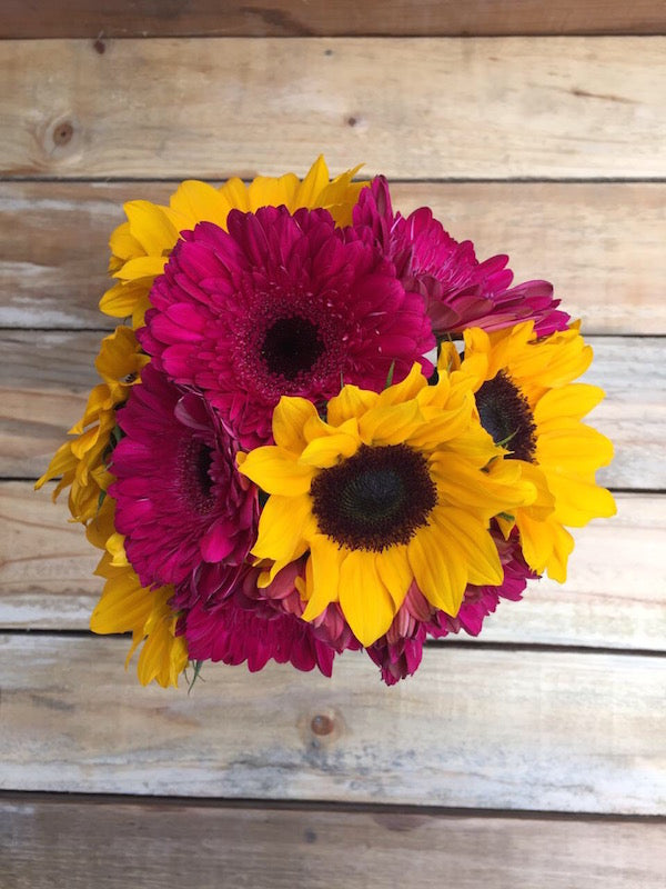 Sunflowers and Dark Pink Daisies Bouquet