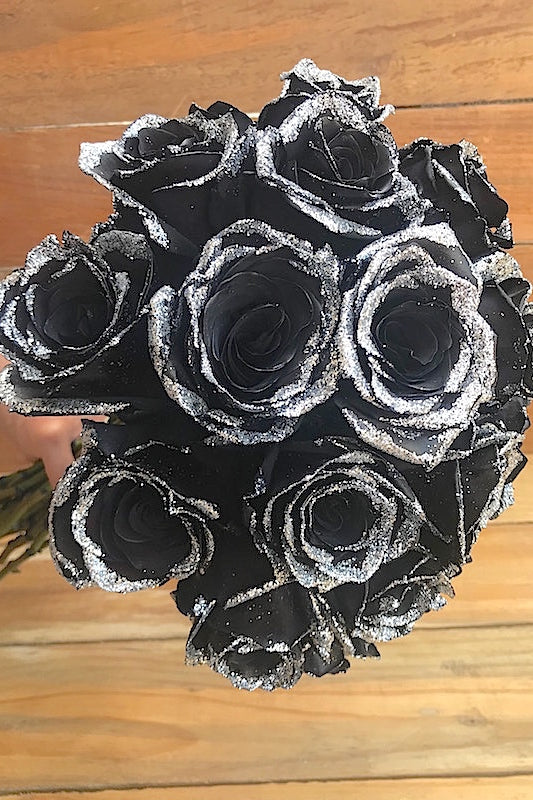 bouquet black roses with glitter