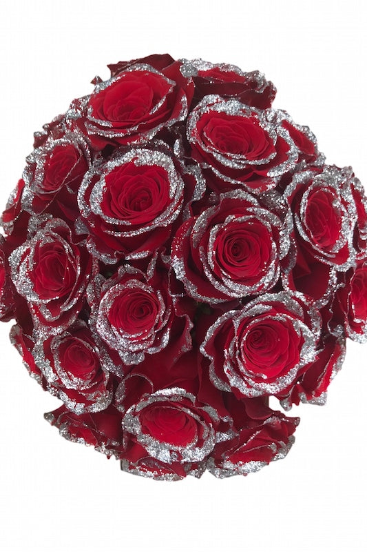 fresh red roses with silver glitter