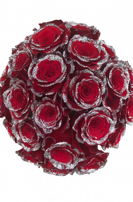 fresh red roses with silver glitter