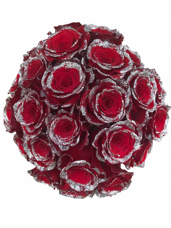 fresh red roses with silver glitter