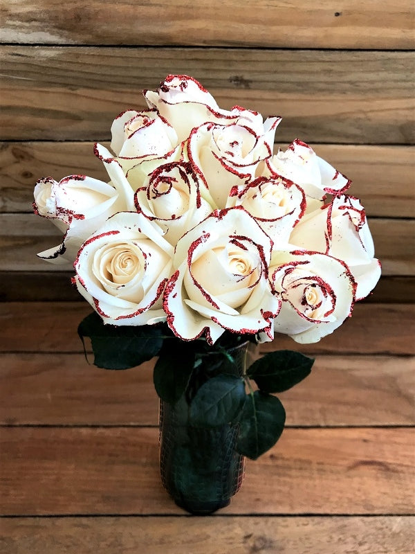 white roses with glitter bouquet