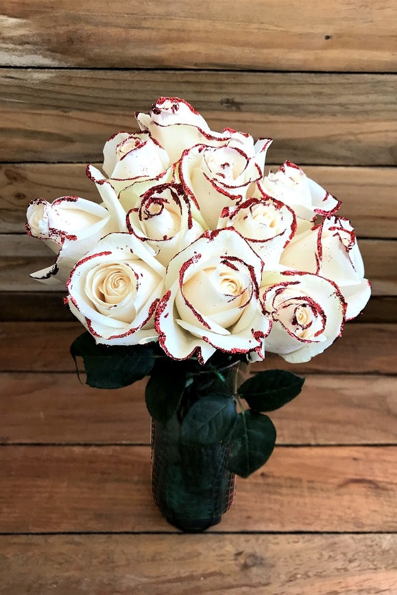 white roses with glitter bouquet