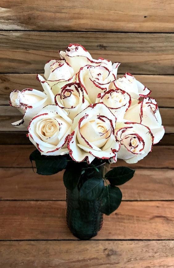 white roses with glitter bouquet