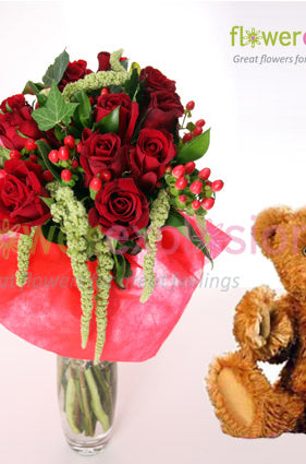 With All My Heart Bouquet w/ Vase & Teddy Bear