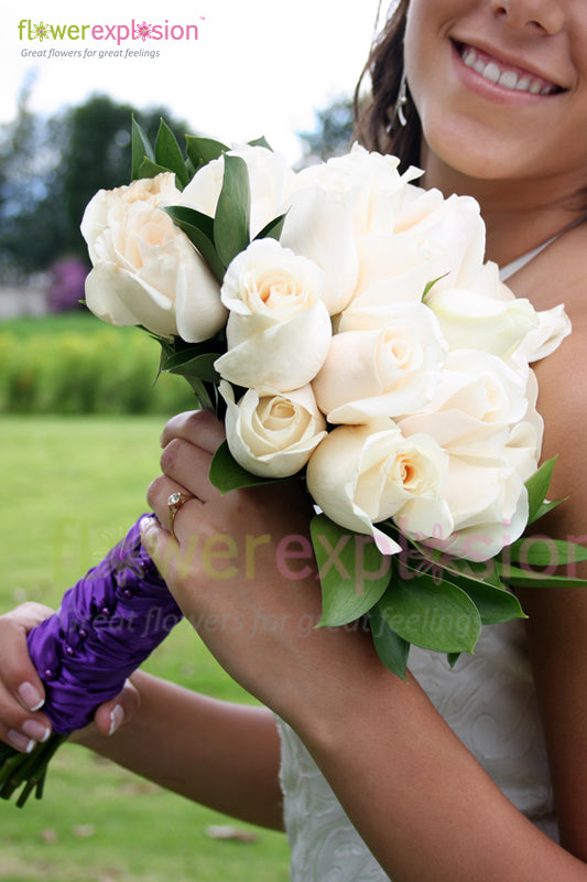 White Roses Bridal Bouquet with Purple Lace