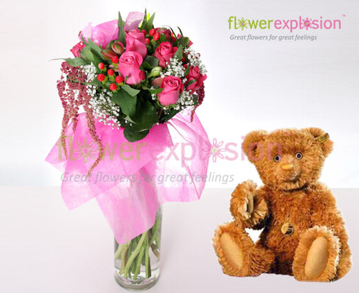 To the Best mom Bouquet w/ Vase & Teddy Bear
