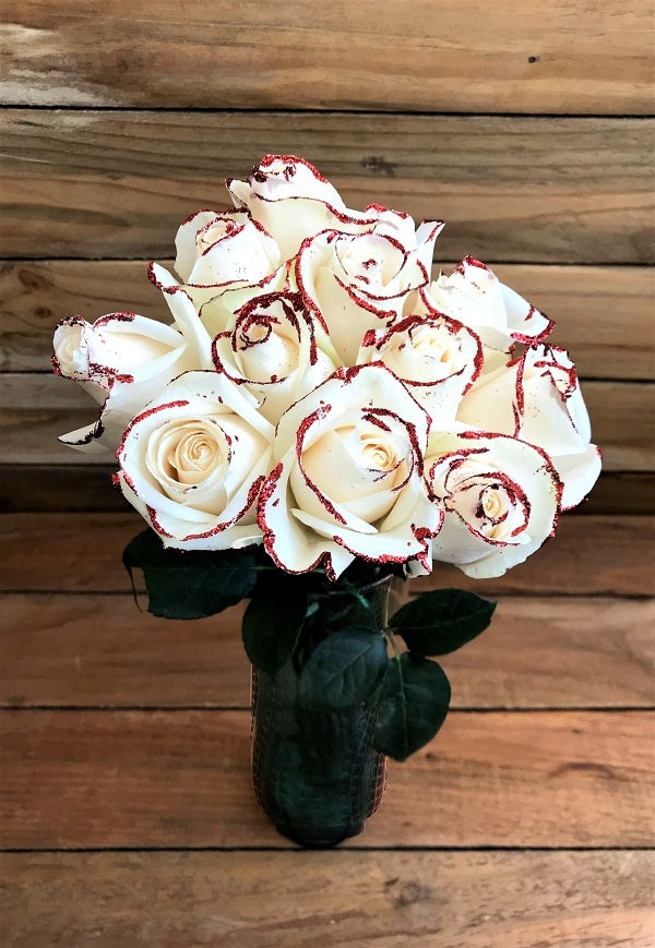 white roses with glitter bouquet