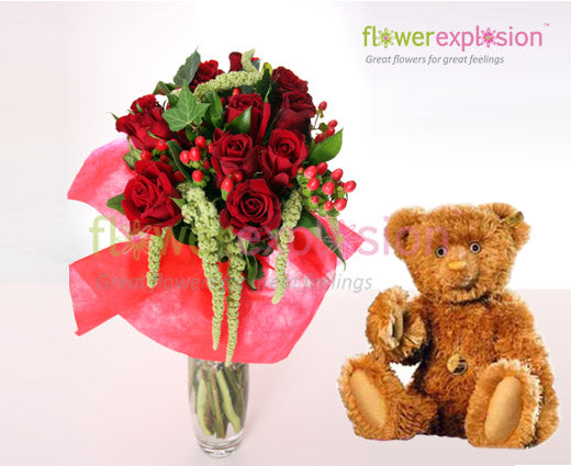 With All My Heart Bouquet w/ Vase & Teddy Bear
